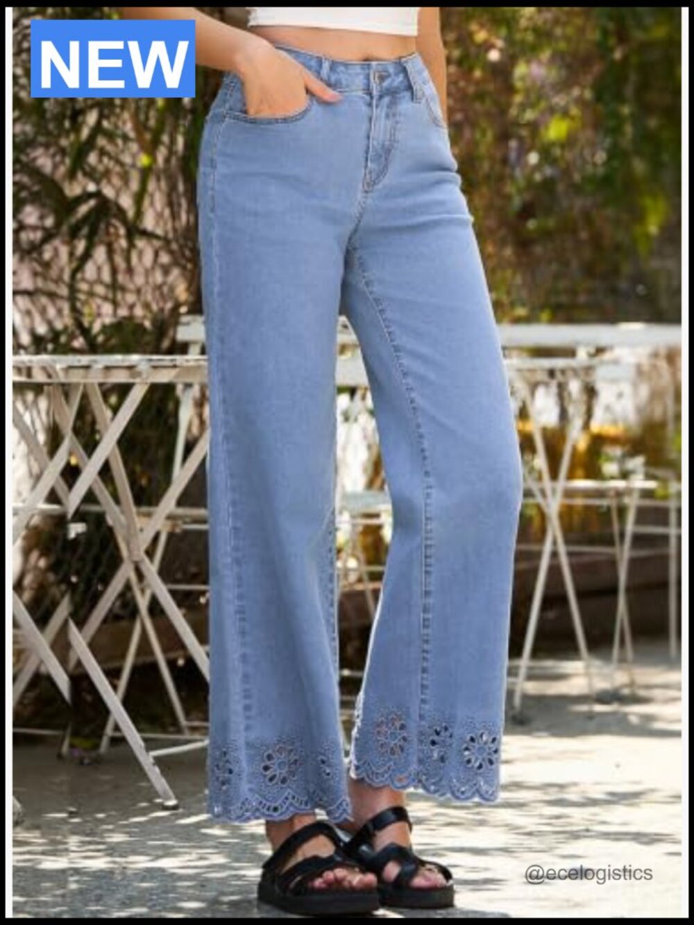 Wide Leg Embroidered Jeans High Waisted Stretchy Straight Leg Loose Fit Ankle - Picture 4 of 7